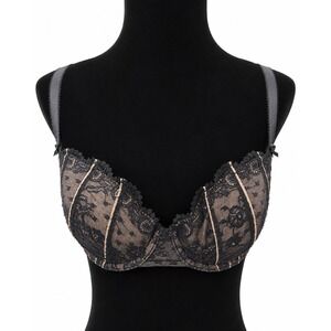 DNKY Womens Lined Padded Underwire Bra Size 34D Black Nylon Floral Lace Stretch